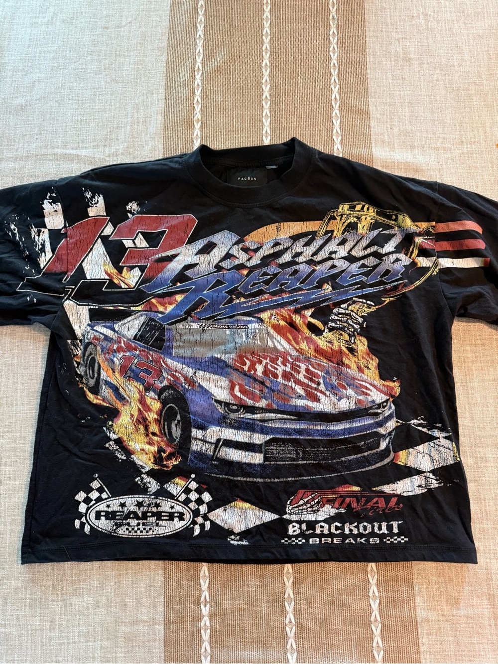 PacSun Black Racing Graphic Tee with Red, Blue, Yellow Accents